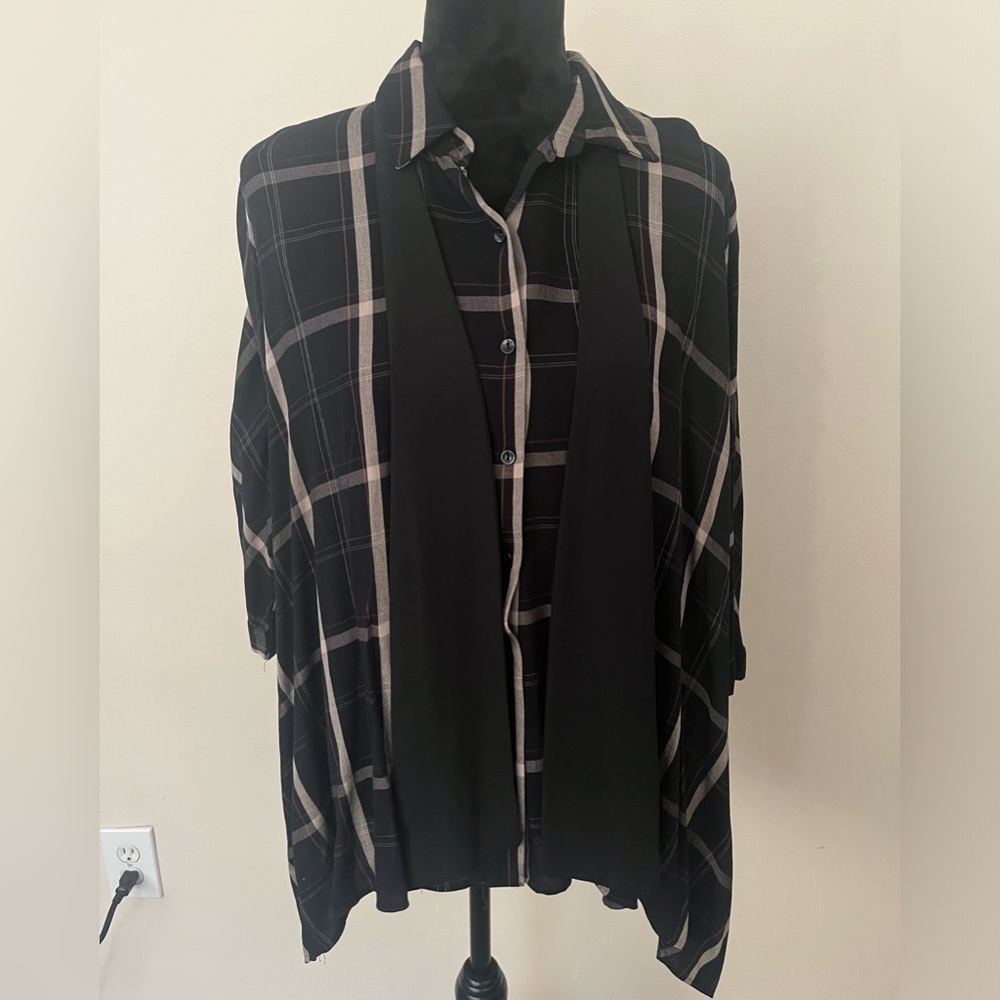 Zara women’s size‎ S black plaid oversized button down blouse with neck tie